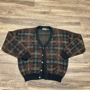 Vintage David Taylor Plaid Cardigan Sweater XL 90s Brown Grunge Grandpa